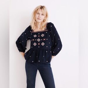 Madewell Navy Corduroy Embroidered Button Up Peasant Blouse Size 2X